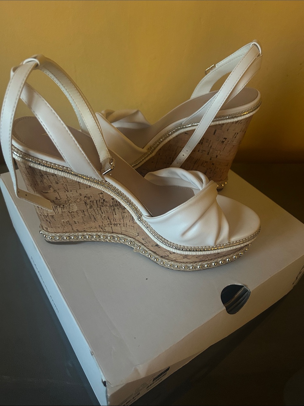 Aldo White Knotted Slingback Cork Wedge Sandals with Rhinestone Trim